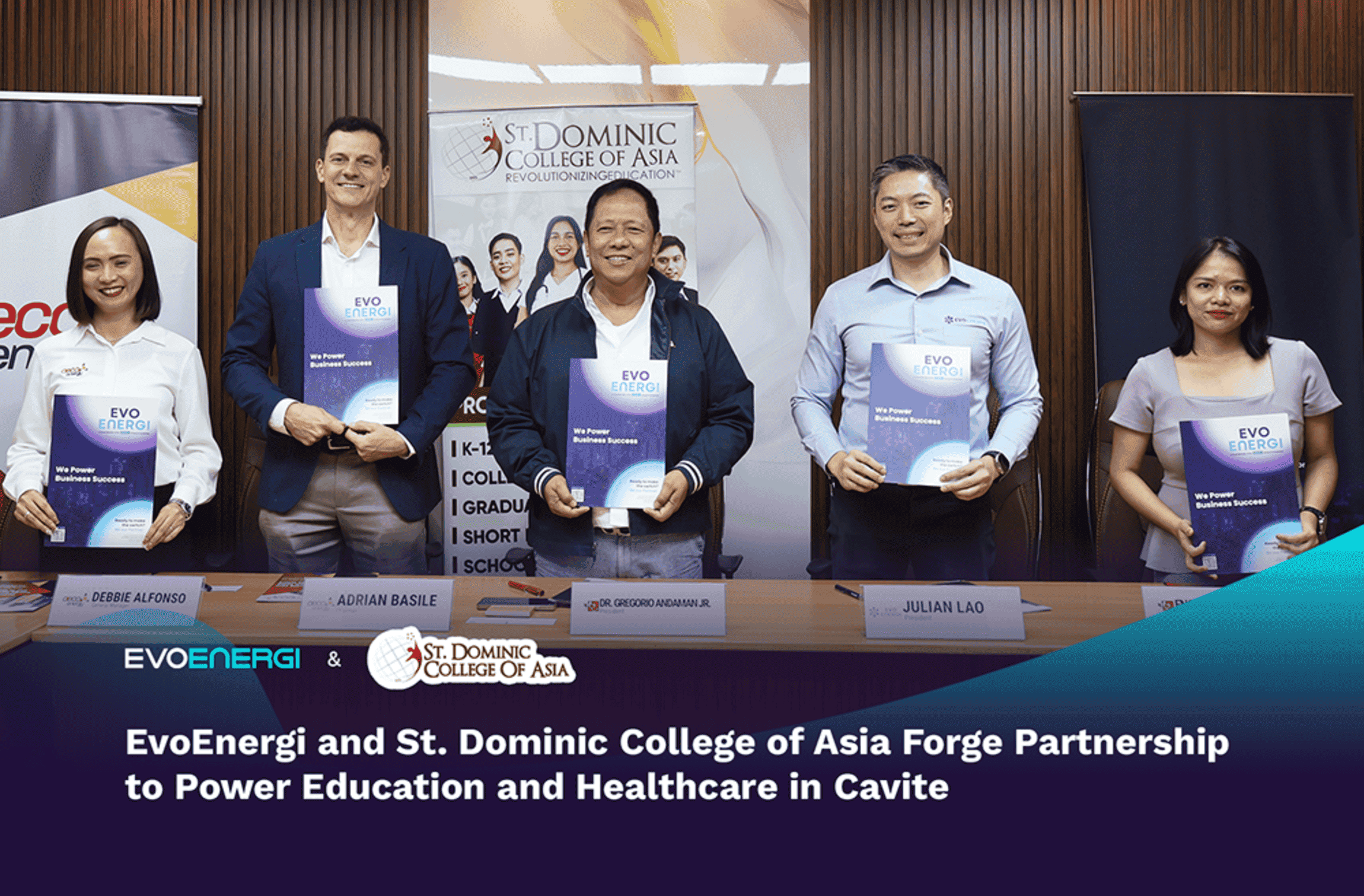 Representatives from EvoEnergi, SDCA, and AECO Energy gather for a ceremonial signing of their Retail Supply Agreement. Present in the signing were AECO Energy Philippines’ General Manager, Debbie Alfonso, Chairman Adrian Basile, SDCA’s President Dr. Gregorio Andaman Jr., EvoEnergi’s President, Julian Lao, and SDCA’s Atty. Lorille Leones